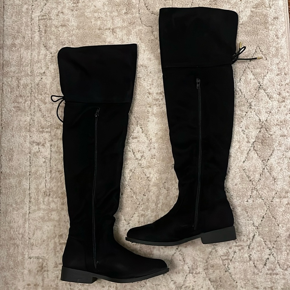 Qupid Over the Knee Tie Back Boots Zipper Sides Black Suede Francesca’s